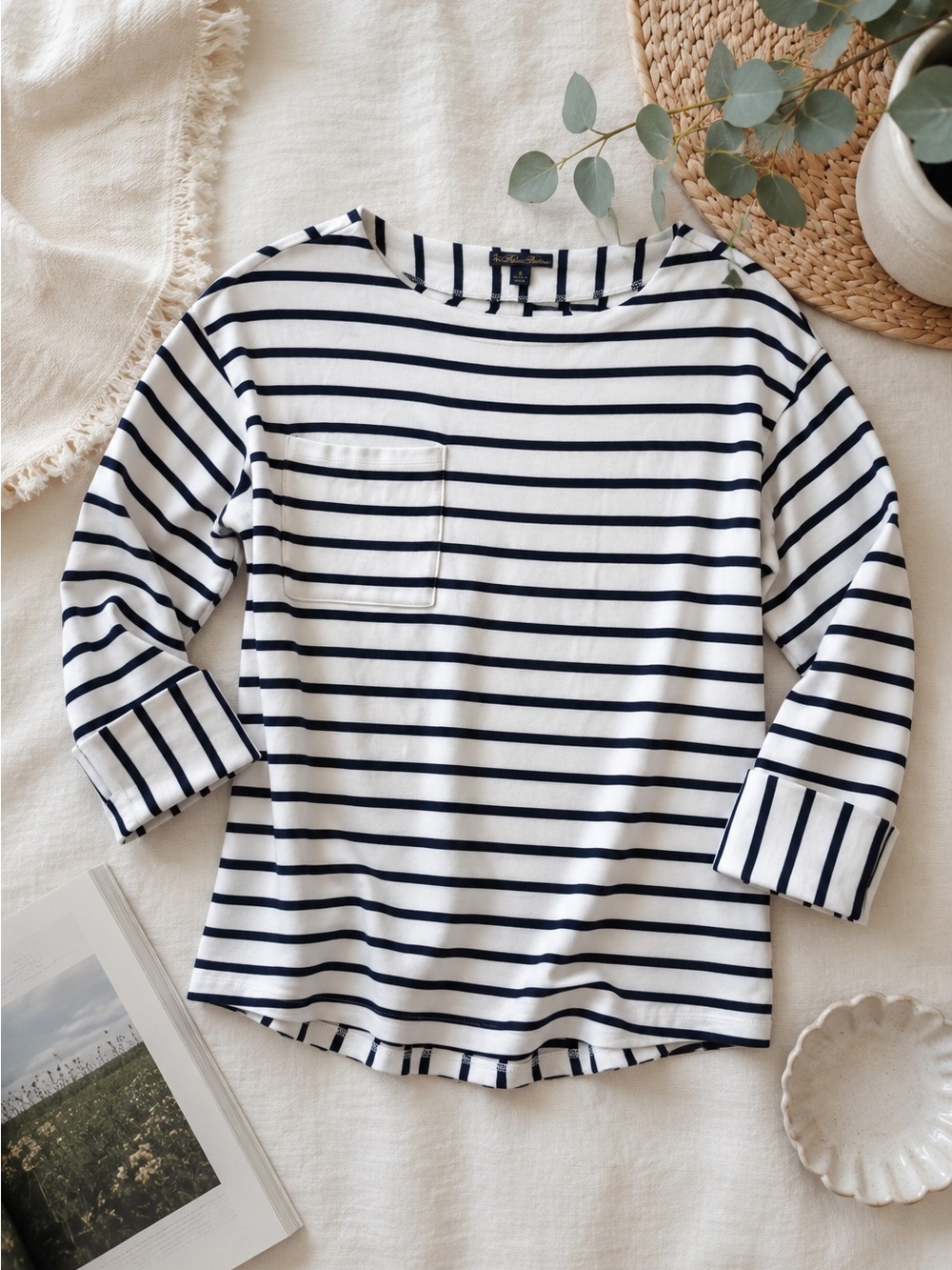 Brooks Brothers White & Navy Striped Cotton Top Rolled Sleeve Size Small